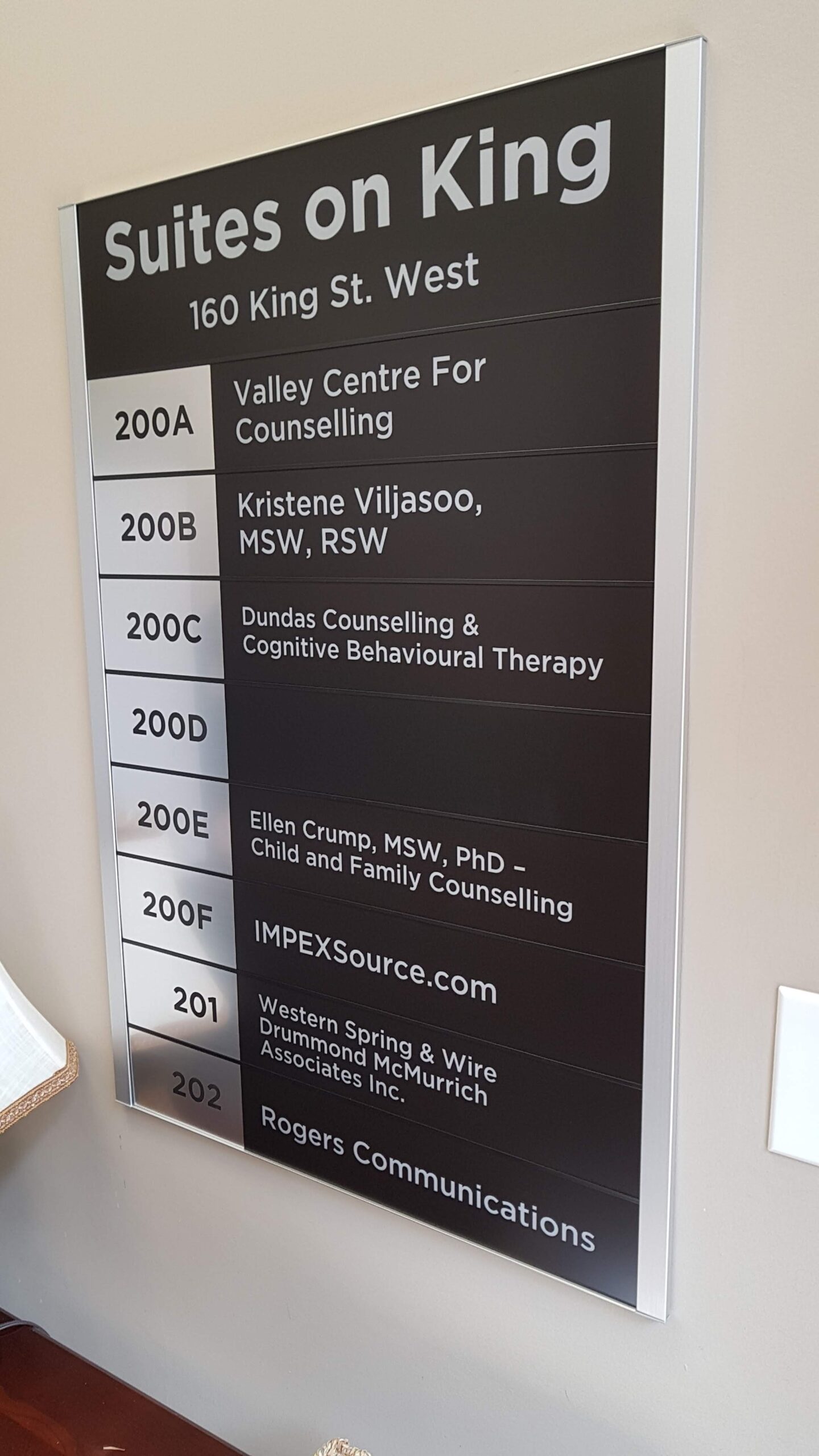 Office Directory Sign by Watsons Engraving and Signage – Dundas, Ontario Office directory sign installed by Watsons Engraving and Signage in Dundas, Ontario.
