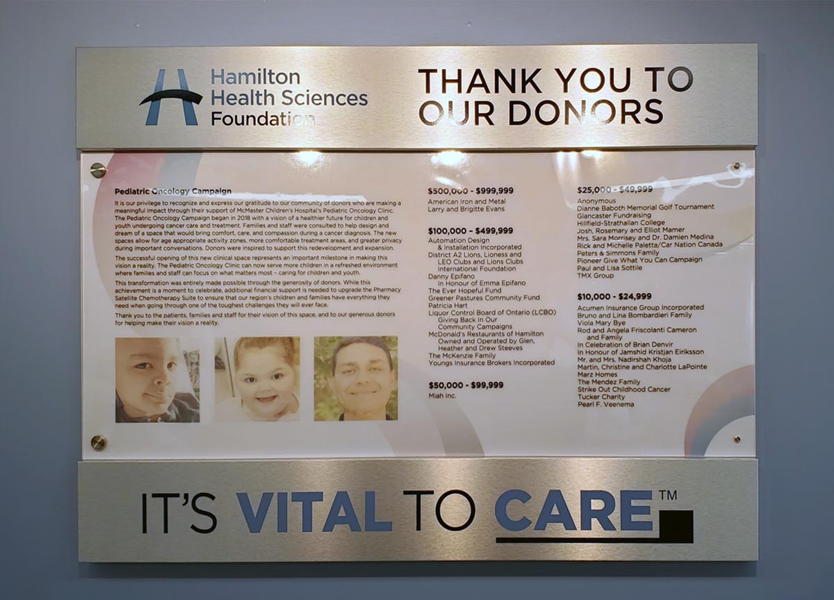 Donor thank you sign designed and installed by Watsons Engraving and Signage in Dundas, Ontario